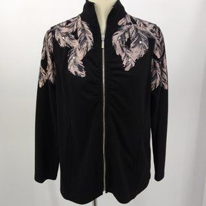 Susan Graver Size Small Jacket Black Beige Feather Print Rhinestone Full Zip